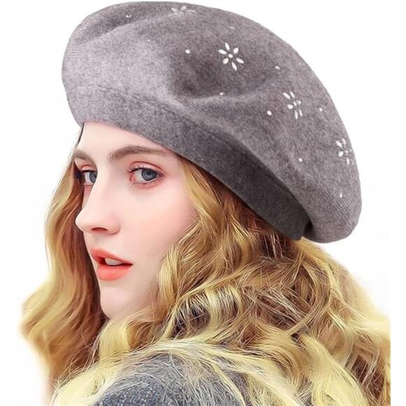 Rhinestone Beret Hats for Women 2 Layers Wool French Knit Cap Lady Winter Black - Picture 1 of 7